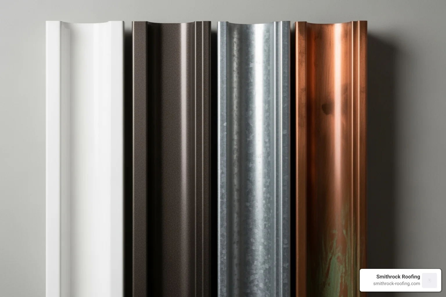samples of vinyl, aluminum, steel, and copper gutters side-by-side - cost to add gutters to a house