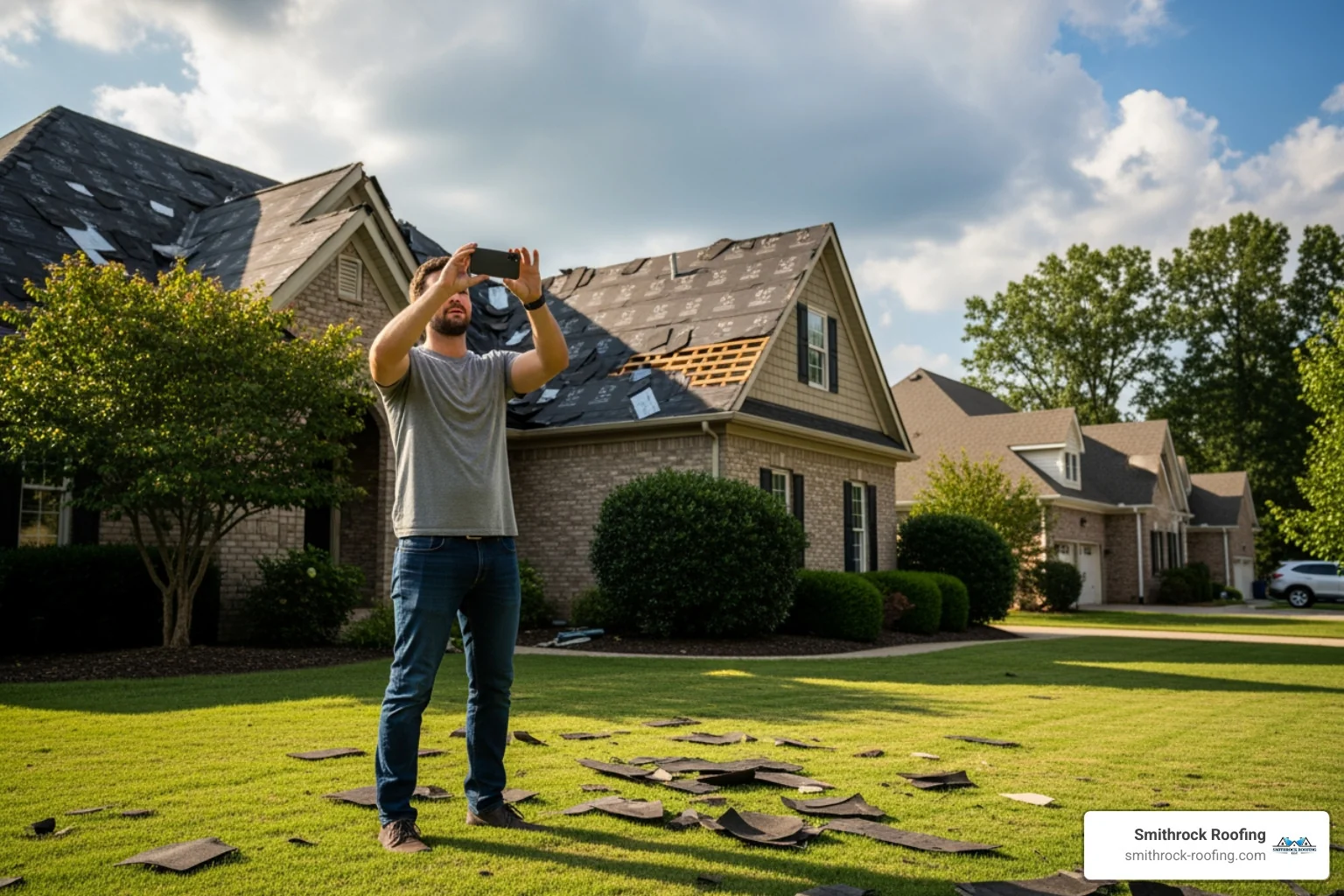 a homeowner on the ground taking a picture of their damaged roof with a smartphone - roof replacement insurance claim a homeowner on the ground taking a picture of their damaged roof with a smartphone - roof replacement insurance claim