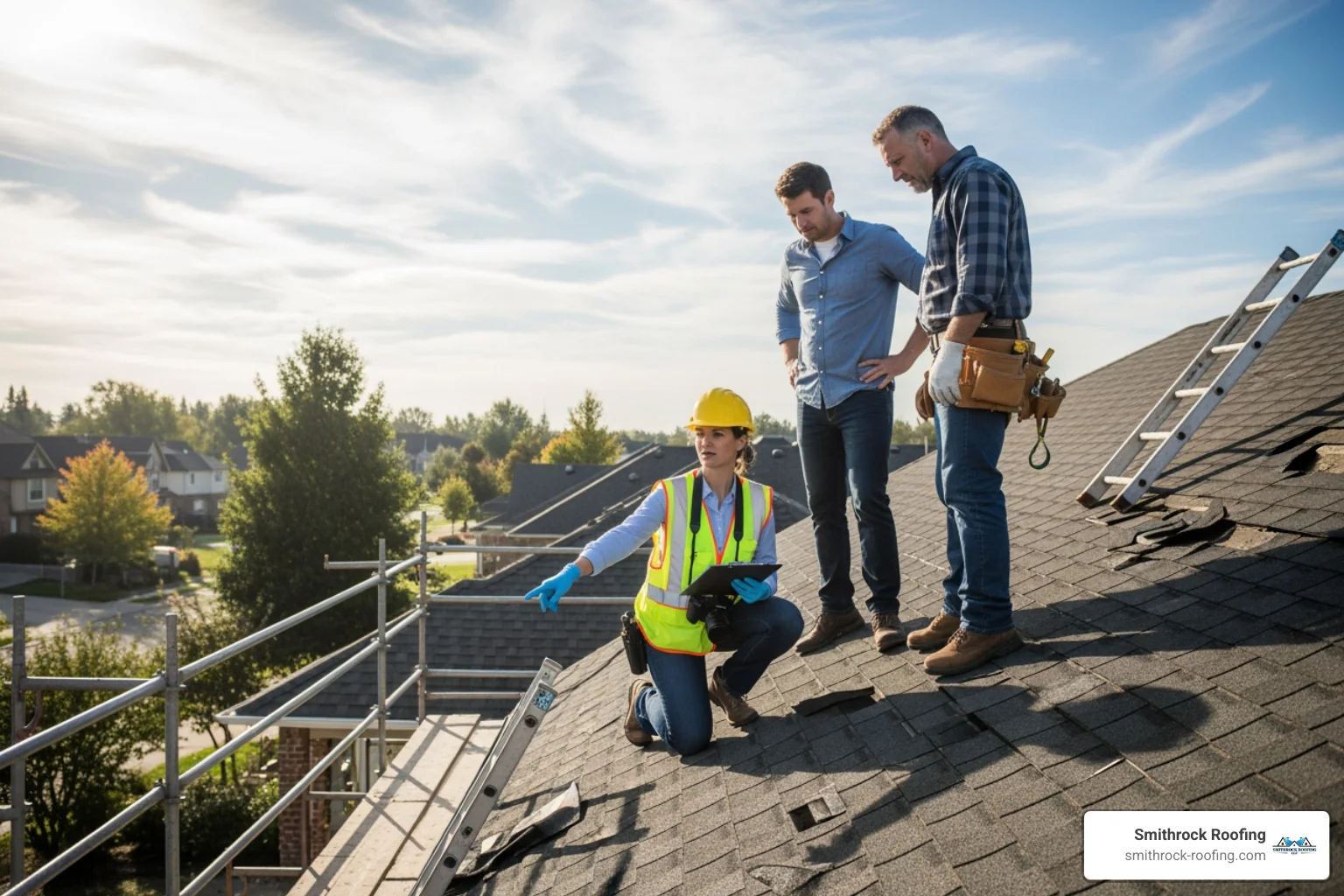 an insurance adjuster inspecting a roof with a homeowner and a roofing contractor present - roof replacement insurance claim an insurance adjuster inspecting a roof with a homeowner and a roofing contractor present - roof replacement insurance claim
