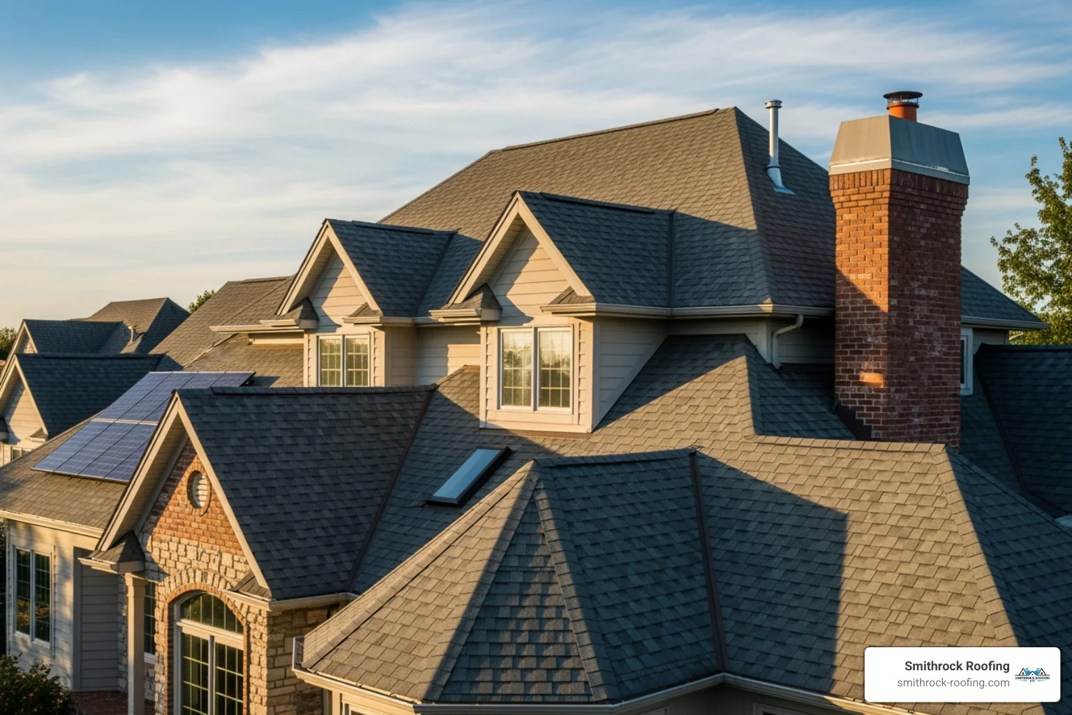 Complex roof with multiple gables, valleys, and a chimney - cost to replace 2500 square foot roof Complex roof with multiple gables, valleys, and a chimney - cost to replace 2500 square foot roof