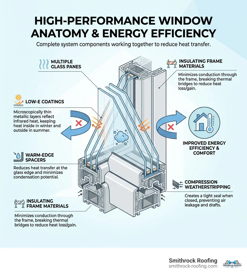 Infographic showing the complete anatomy of a high-performance window system including insulating frame materials, multiple glass panes with low-e coatings, warm-edge spacers, argon or krypton gas fill between panes, and compression weatherstripping, with callouts explaining how each component reduces heat transfer and improves energy efficiency - high performance windows infographic Anatomy of high performance windows infographic showing low-e coatings, gas fills, warm-edge spacers, and weatherstripping co