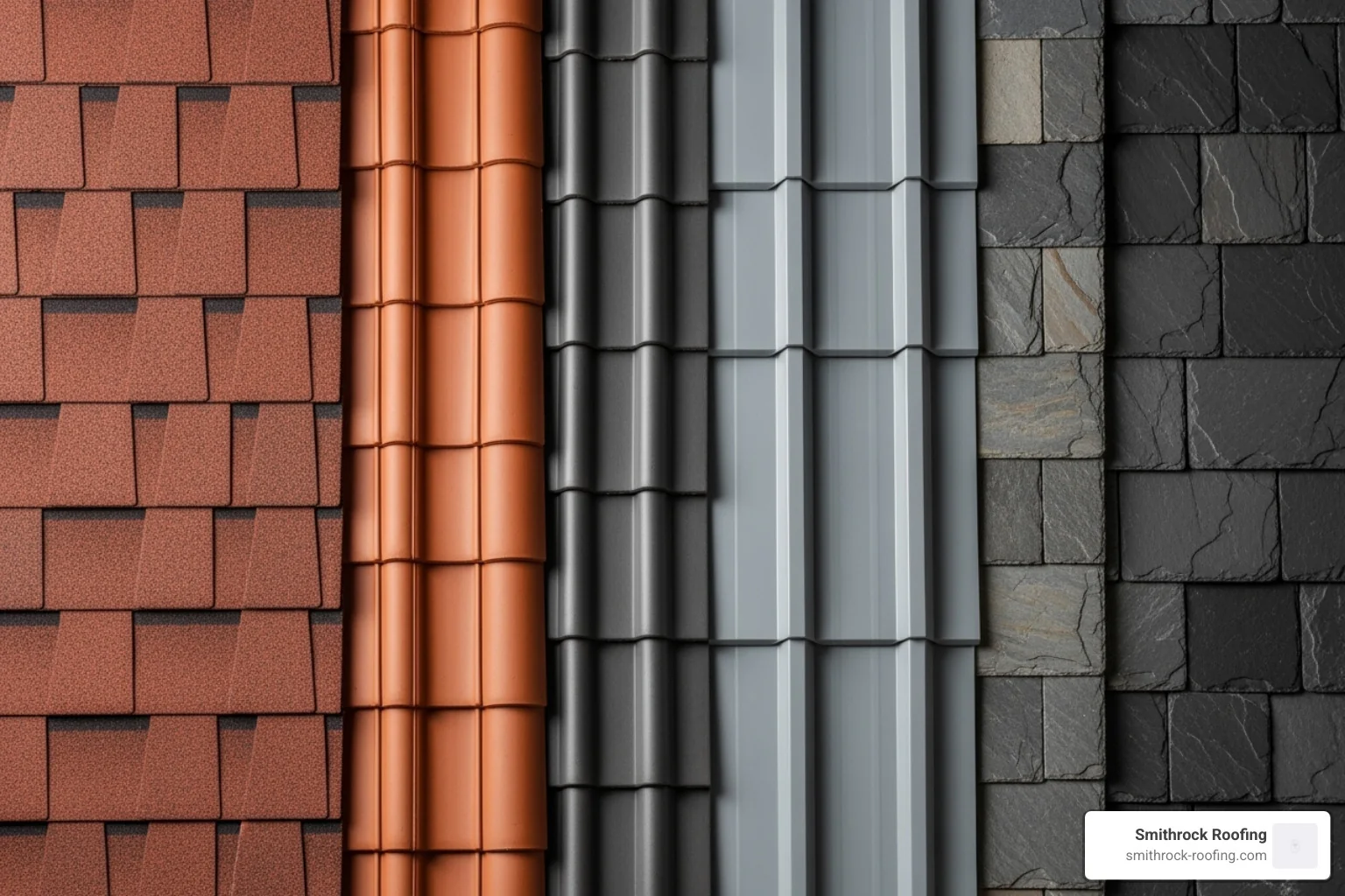 Display of various roofing materials including asphalt shingles, metal panels, clay tiles, and slate samples - roof replacement costs