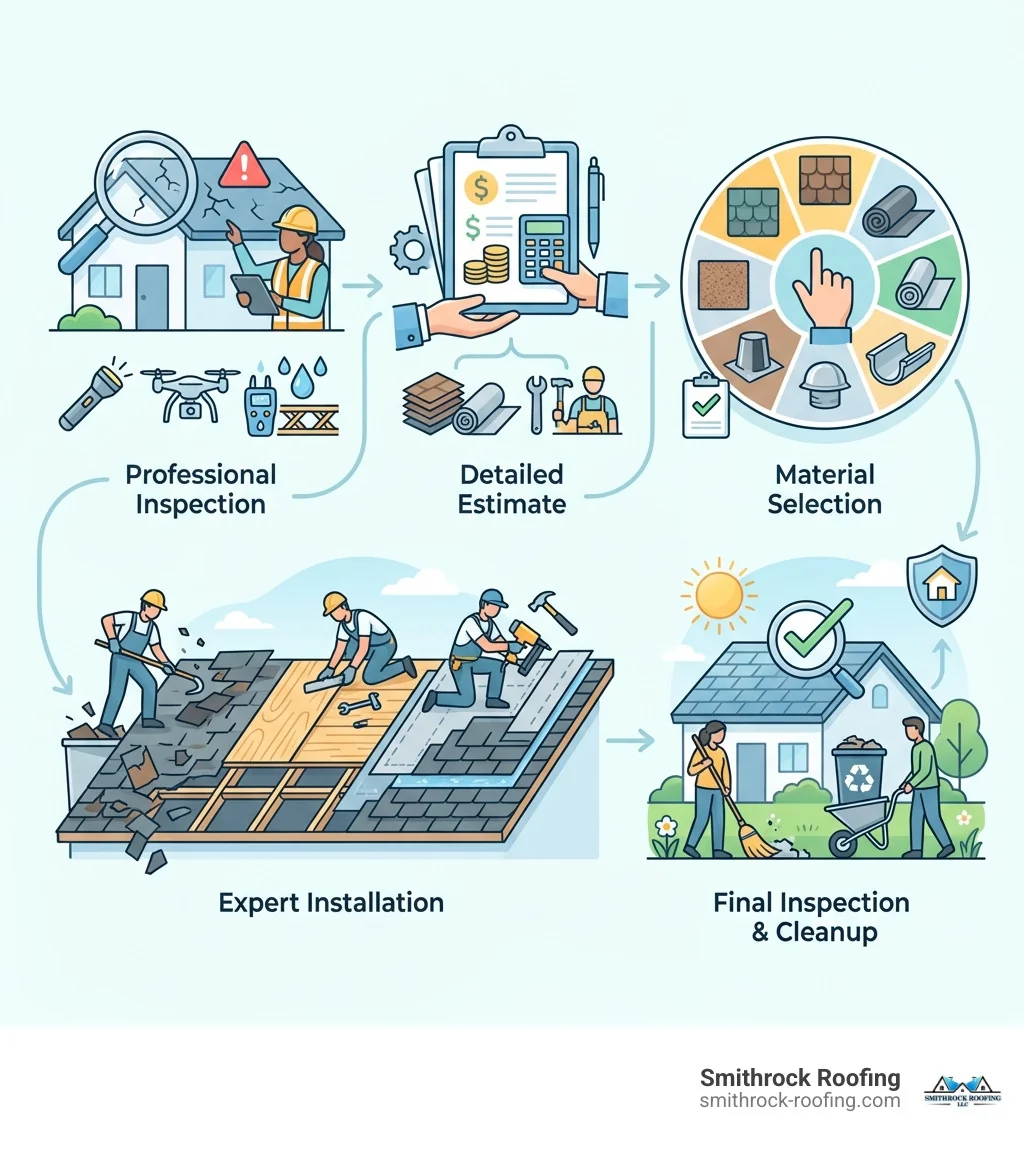 Infographic showing the 5 key steps to successful roof replacement: 1. Professional Inspection - identifying all damage and underlying issues, 2. Detailed Estimate - transparent pricing for materials and labor, 3. Material Selection - choosing shingles, underlayment, and accessories, 4. Expert Installation - proper tear-off, deck repair, and layered system installation, 5. Final Inspection & Cleanup - quality check and complete site restoration - roof replacement near me infographic Infographic outlining 5 key roof replacement steps: inspection, estimate, materials, expert installation, and final cleanup.