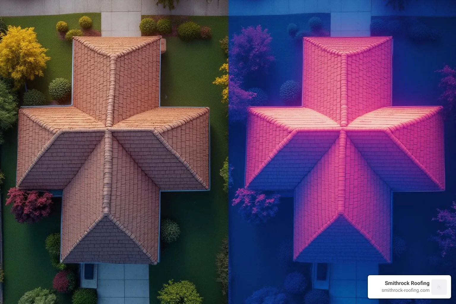 Split screen of a normal photo and a thermal image of a roof - drone roof inspections Split screen of a normal photo and a thermal image of a roof - drone roof inspections