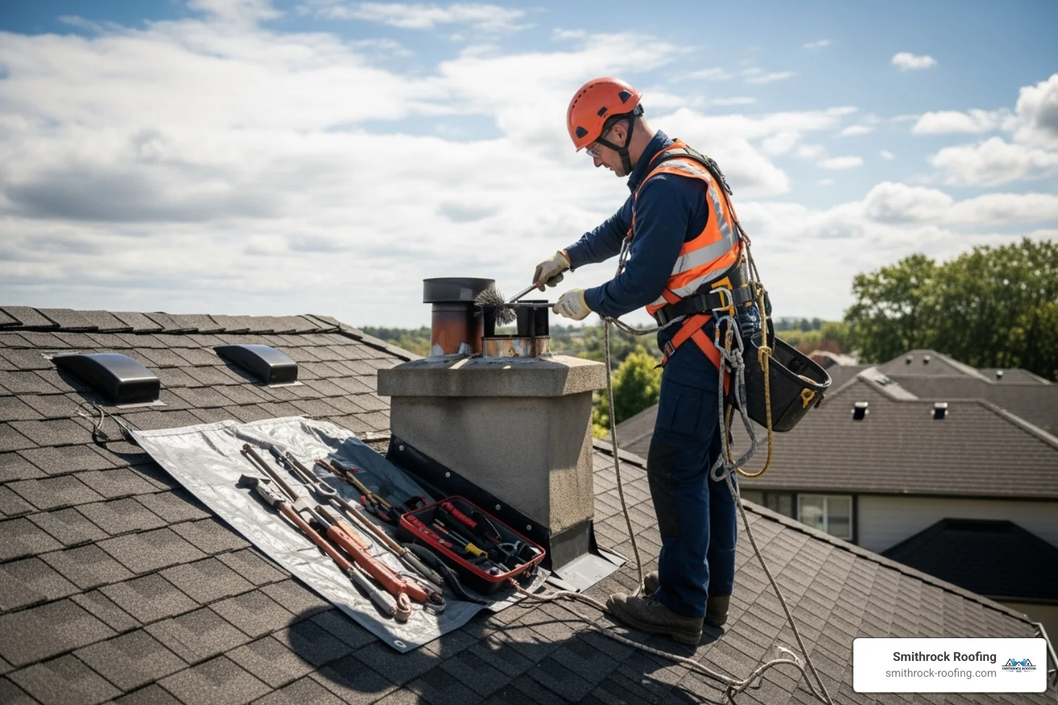 professional working on a chimney on a steep roof - chimney liner installation cost professional working on a chimney on a steep roof - chimney liner installation cost