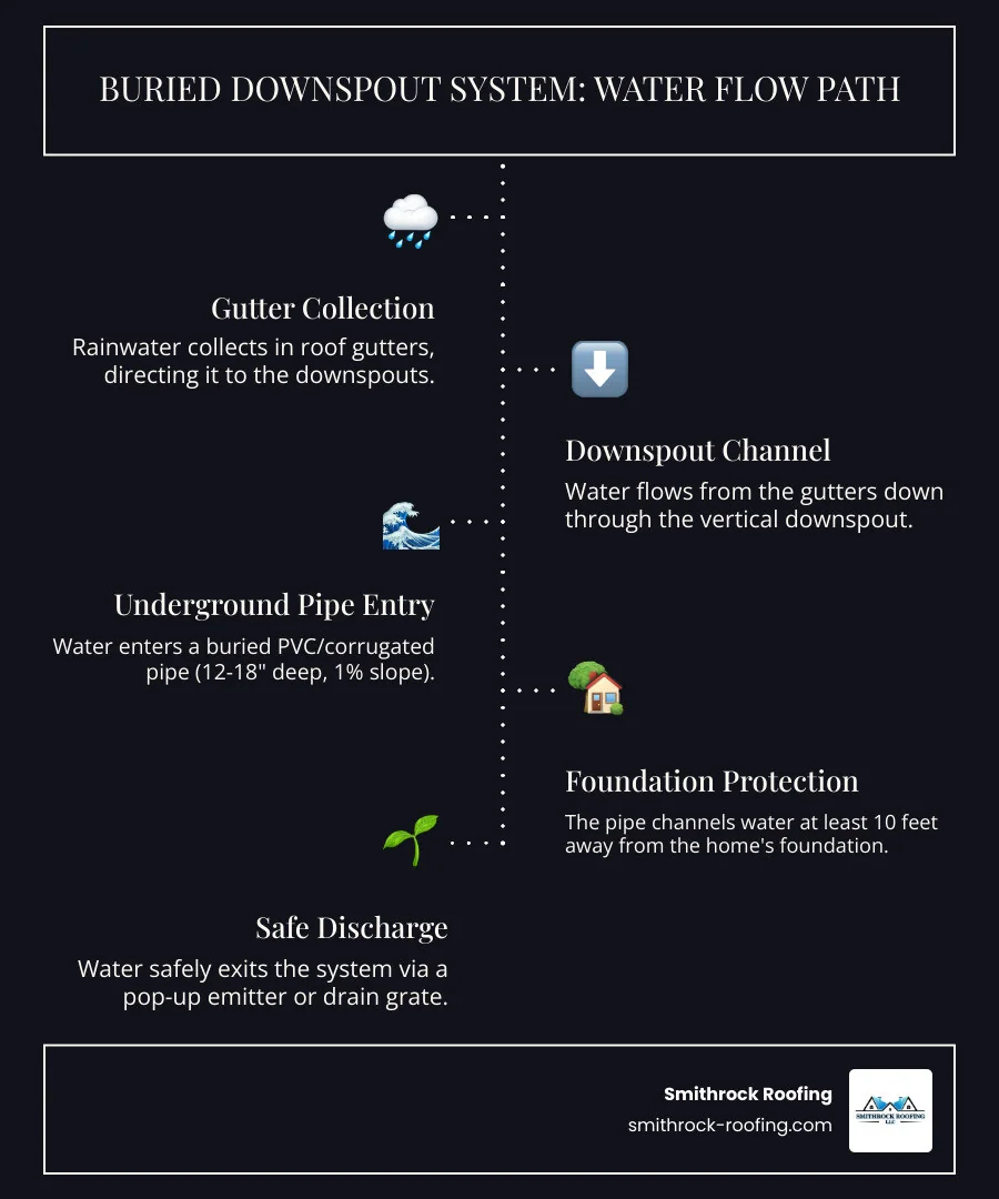Infographic showing the complete water flow path: rainwater collecting in roof gutters, flowing down through the downspout into an underground PVC pipe buried 12-18 inches deep at a 1% slope, traveling at least 10 feet away from the foundation, and finally discharging through a pop-up emitter into the yard - Buried downspout installation infographic infographic-line-5-steps-dark Infographic showing buried downspout drainage path from roof gutters through underground PVC pipe to pop-up emitter in yard.