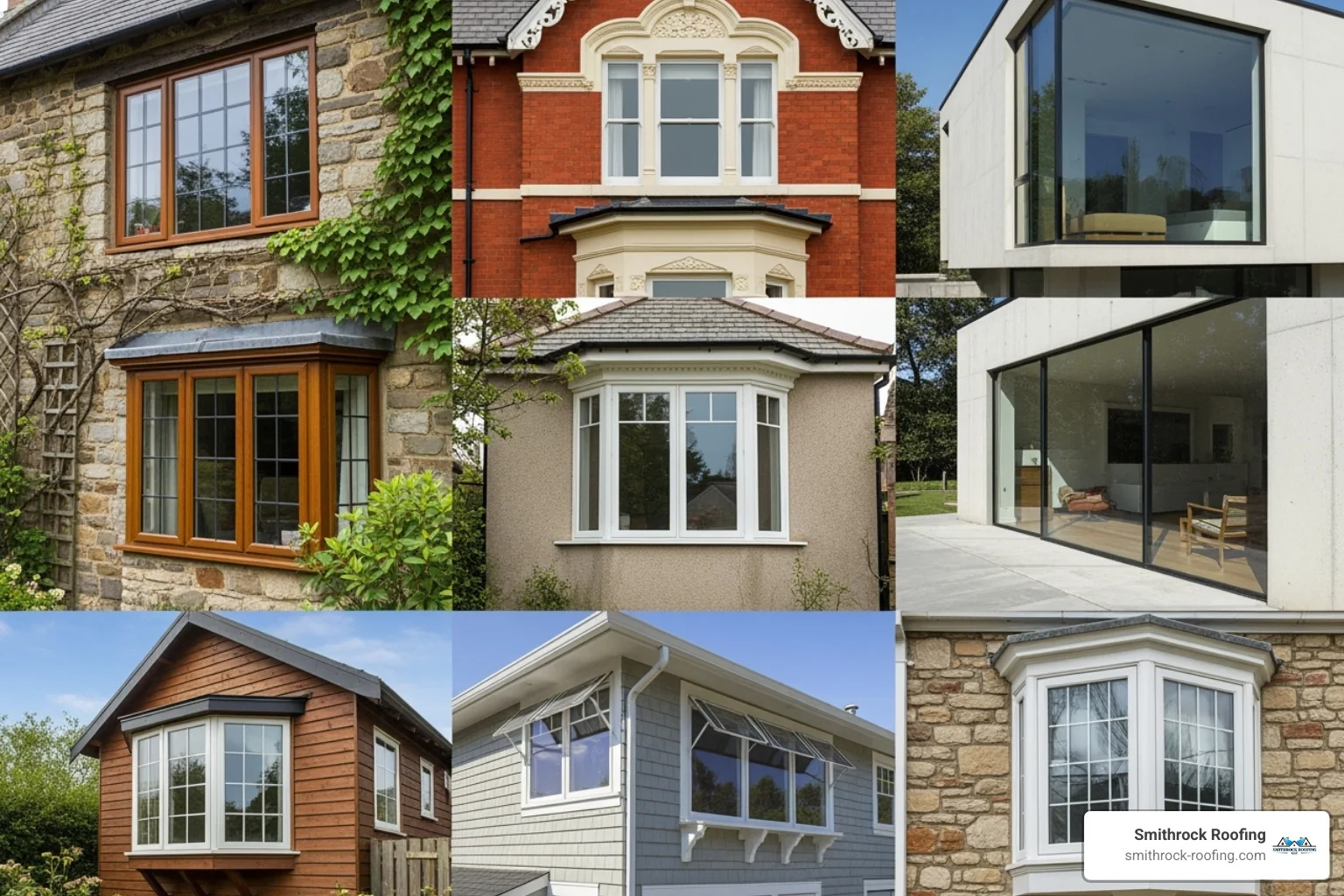Collage showcasing various window styles like casement, double-hung, and picture windows on different home exteriors. The images feature diverse architectural styles and frame materials, highlighting how different window types can complement a home's design. - insulated windows Collage of insulated windows including casement, double-hung, and picture styles on homes with diverse architectural designs.