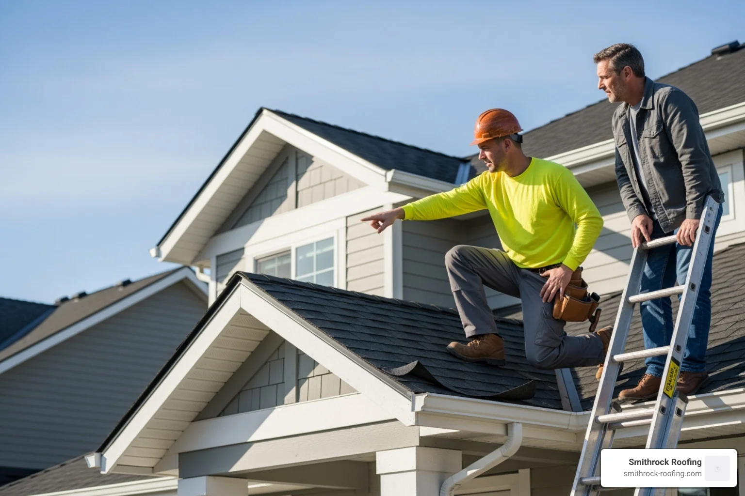 A certified contractor pointing out subtle wind damage on a roof to a homeowner, highlighting the value of professional inspection - wind damage repair near me Certified contractor showing homeowner subtle roof wind damage during professional inspection for wind damage repair