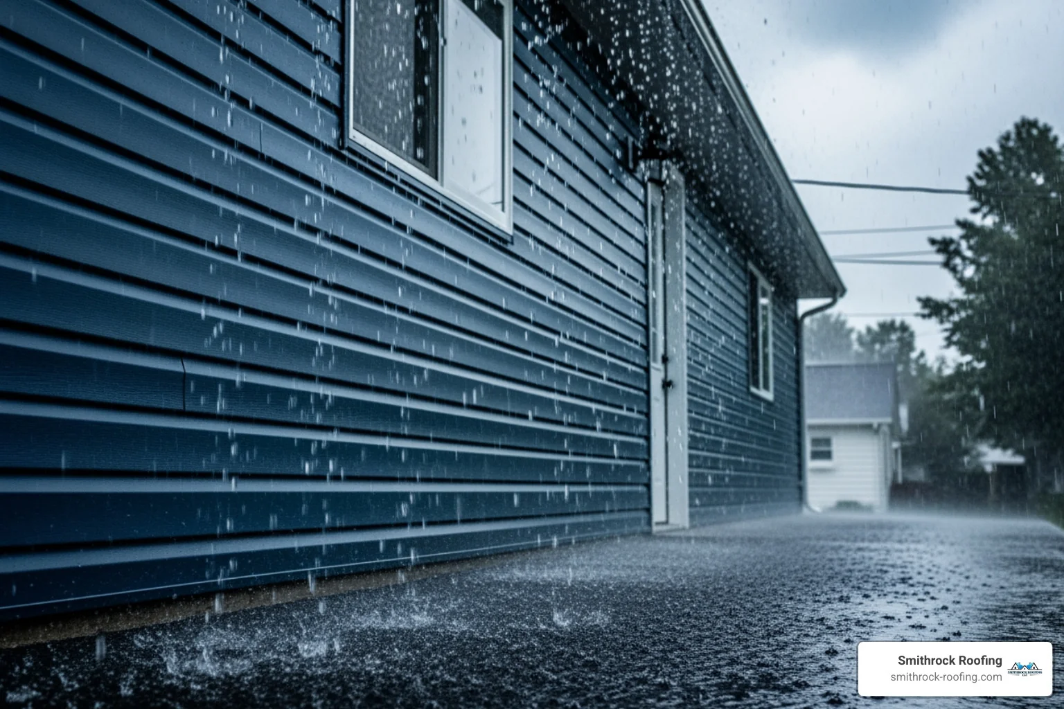 photorealistic image of a house with dark blue vinyl siding during a heavy rainstorm with water beads rolling off the surface and no signs of saturation or damage - vinyl siding options styles Dark blue vinyl siding repelling heavy rain with water beads rolling off undamaged surface, showcasing durable vinyl siding o