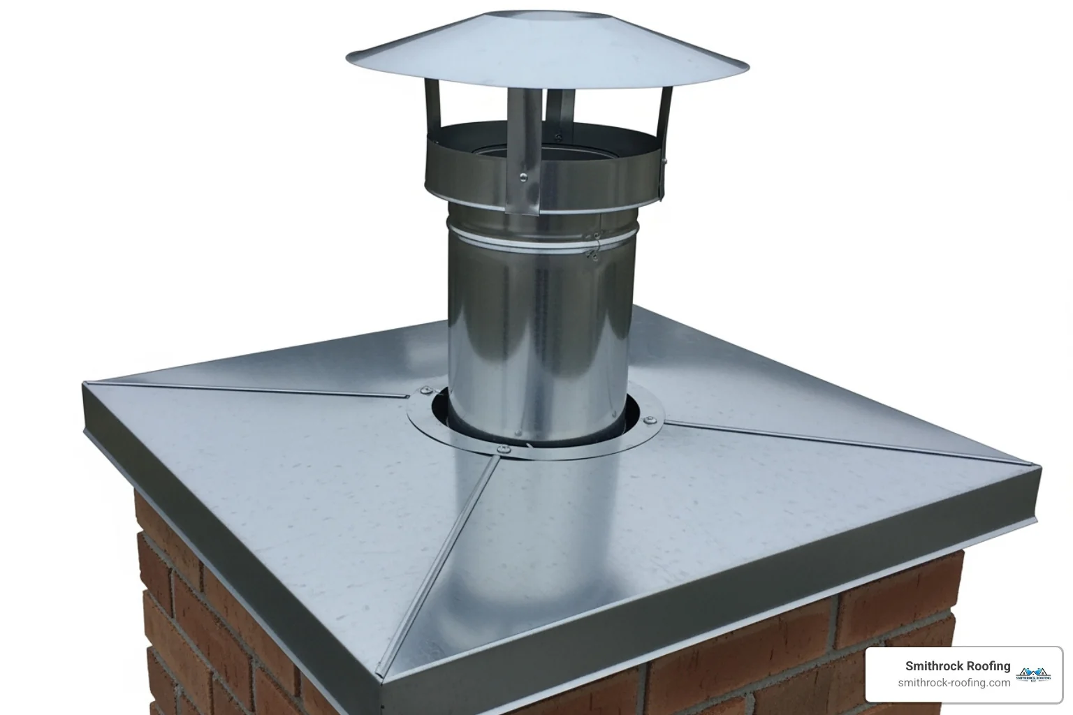 A chimney chase with a chase cover installed, with a metal flue pipe extending through it, topped by a chimney cap. - best types of chimney caps Metal chimney chase cover with flue pipe and top-tier chimney cap installed on residential roof