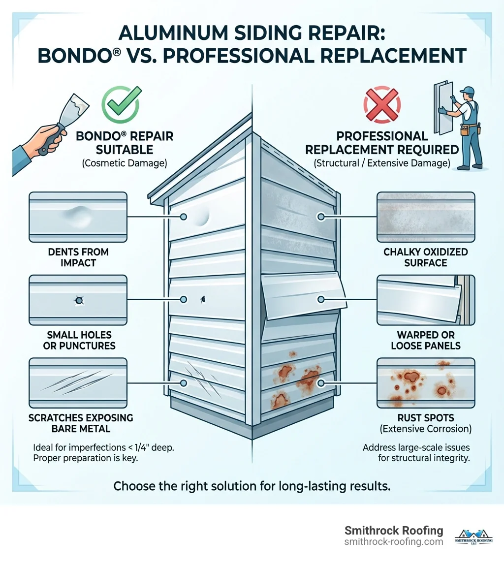 infographic showing key signs aluminum siding needs repair including dents from impact, small holes or punctures, scratches exposing bare metal, chalky oxidized surface, warped or loose panels, and rust spots, with visual indicators of which damage types are suitable for Bondo repair versus professional replacement - bondo for aluminum siding infographic Infographic showing aluminum siding damage types—dents, holes, scratches, oxidation—and when Bondo repair versus professional