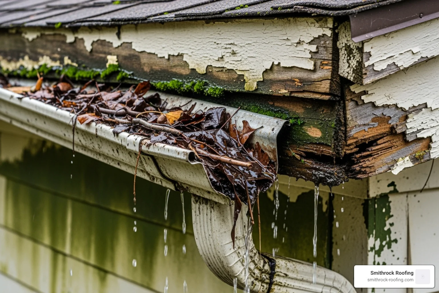 A severely sagging, overflowing gutter with visible cracks and peeling paint on the fascia behind it, indicative of severe water damage and neglect. - gutter installation service Sagging, cracked gutter overflowing with debris, with peeling fascia paint showing water damage—a clear case for professional