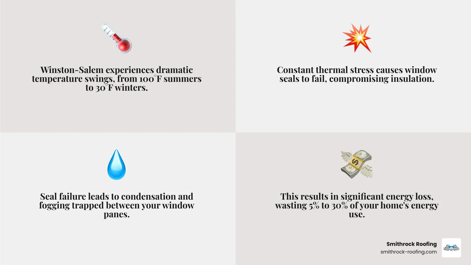 Infographic showing Winston-Salem window thermal stress, from 30°F winters to 100°F summers, causing seal failure and 5–30% e
