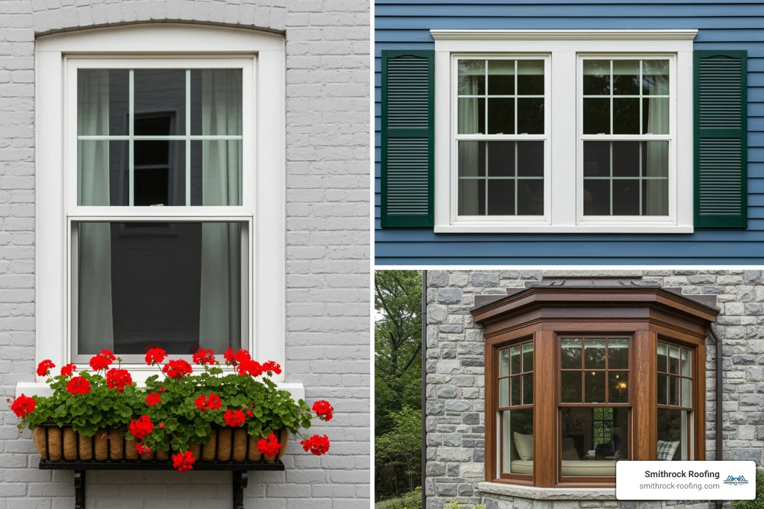 Collage showcasing various window styles like casement, double-hung, and bay windows - cost of replacing single glazed windows with double glazing Collage of casement, double-hung, and bay windows highlighting upgrade options and the cost of a transformation