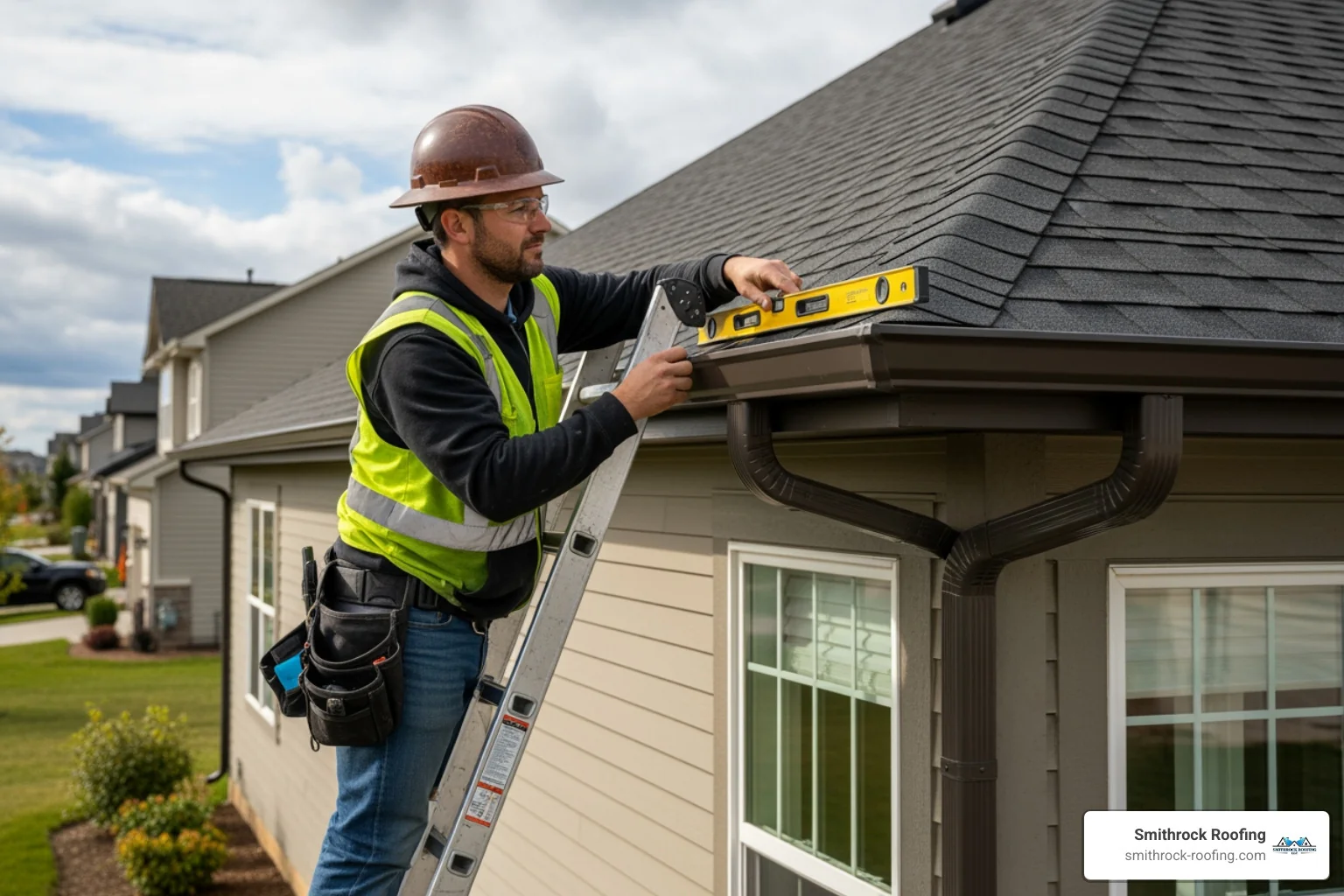 professional gutter installer using a level to ensure correct pitch - eavestrough installation prices professional gutter installer using a level to ensure correct pitch - eavestrough installation prices