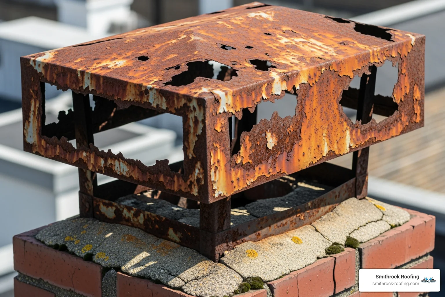 rusted and damaged chimney cap with visible holes - types of chimney cap replacement rusted and damaged chimney cap with visible holes - types of chimney cap replacement