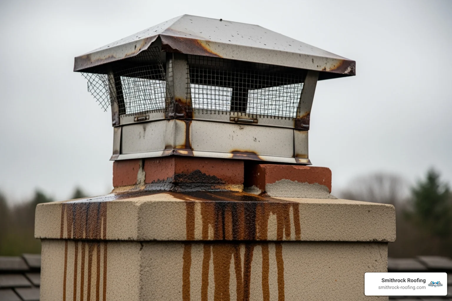 A close-up image of a severely rusted and deteriorating galvanized steel chimney cap, showing clear signs of corrosion and material breakdown. - chimney cap problems Severely rusted galvanized steel chimney cap showing advanced corrosion—a common chimney cap problem homeowners can't ignore.