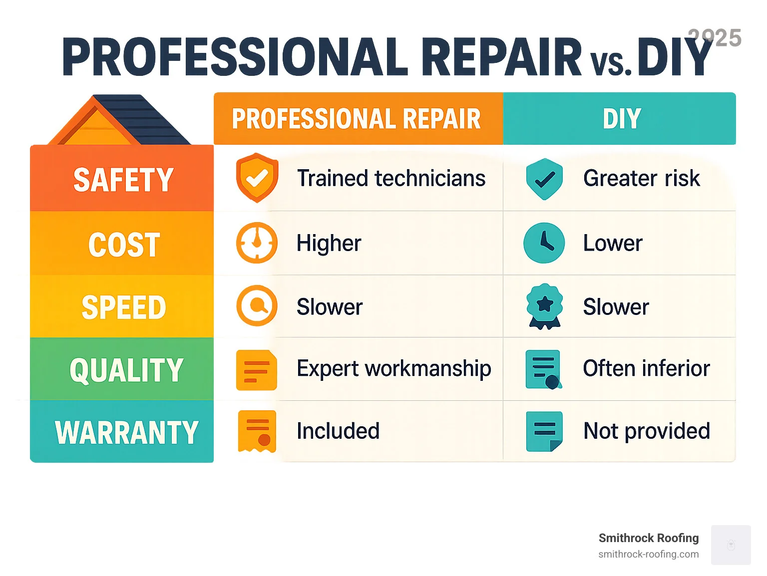 Comparison table weighing professional emergency roofer vs DIY across safety, cost, speed, quality, and warranty factors