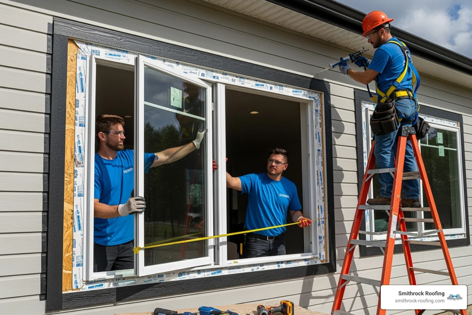 A professional window installation team carefully measuring and installing an insulated window in a residential home. The team members are wearing safety gear and using specialized tools, demonstrating precision and expertise in their work. - insulated windows Professional team installing insulated windows in a home, wearing safety gear and using specialized tools with precision.
