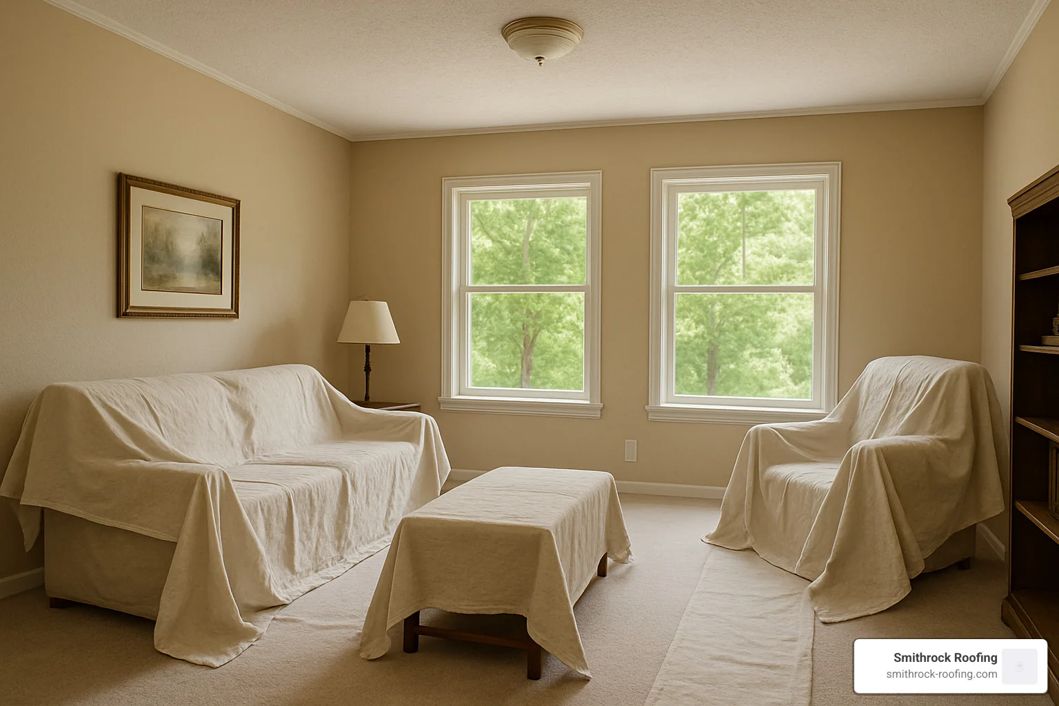 Room prepared for window installation with furniture covered and pathways cleared - window installation and replacement