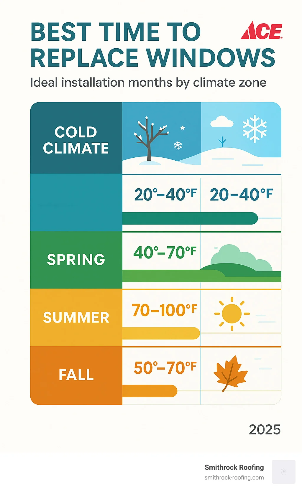 Infographic showing best time to replace windows by climate zone with seasonal temperature ranges and installation recommenda