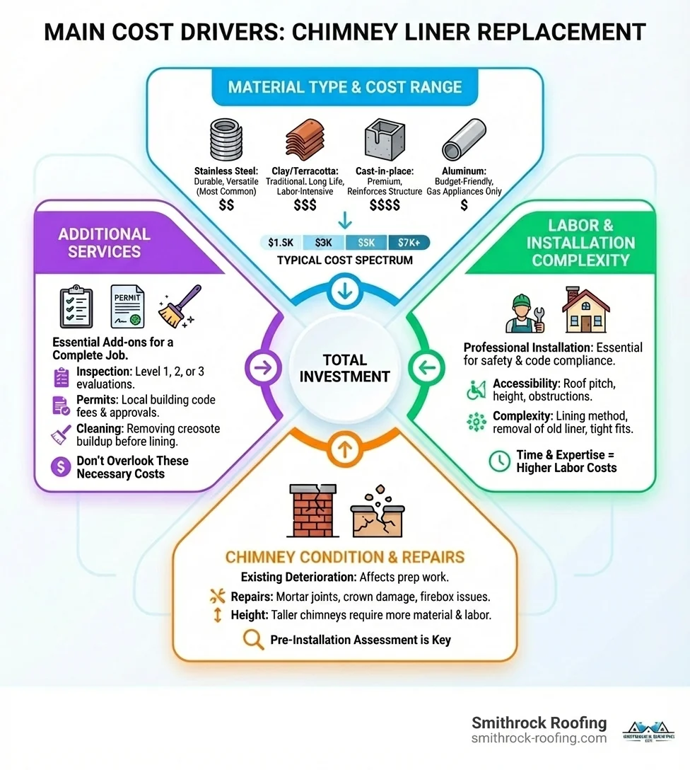 Infographic showing the main cost drivers for chimney liner replacement including material type and cost range, labor and installation complexity, chimney condition and required repairs, and additional services like inspection and permits - cost to replace chimney liner infographic Infographic outlining key chimney liner replacement costs in 2026: materials, labor, repairs, and permits.