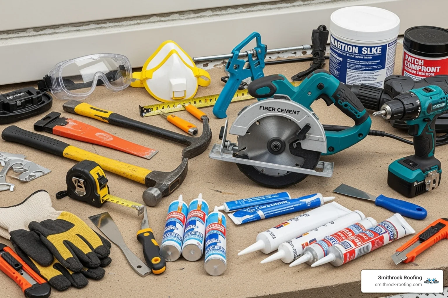Essential tools for fiber cement siding repair: safety gear, hammer, pry bar, caulk, and patching compound