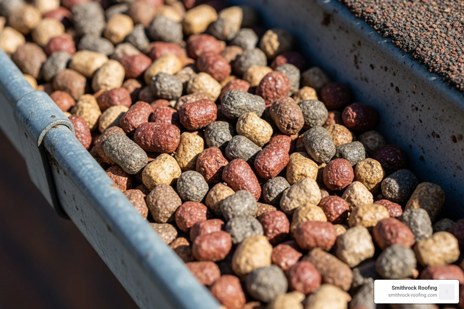 shingle granules collected in a gutter - benefits of regular roof inspections