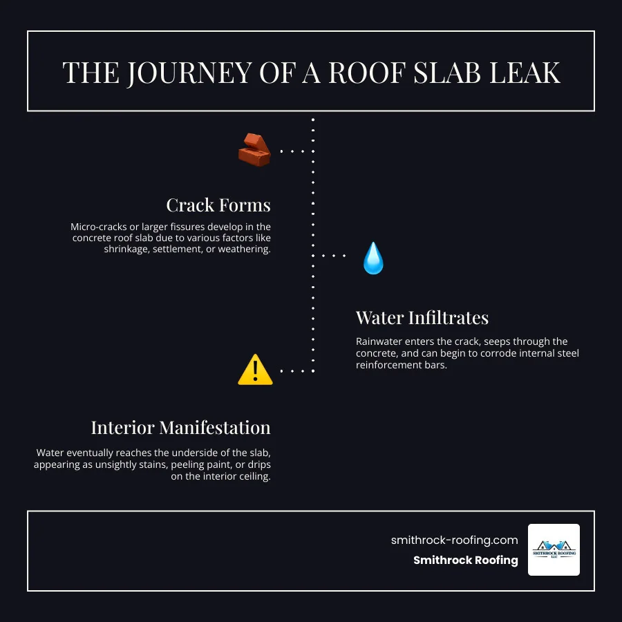 Infographic explaining the journey of water from a roof slab crack to an interior ceiling stain - roof slab leak repair infographic infographic-line-3-steps-dark Infographic showing 3-step journey of water from roof slab crack to ceiling stain, illustrating how professionals diagnose ro