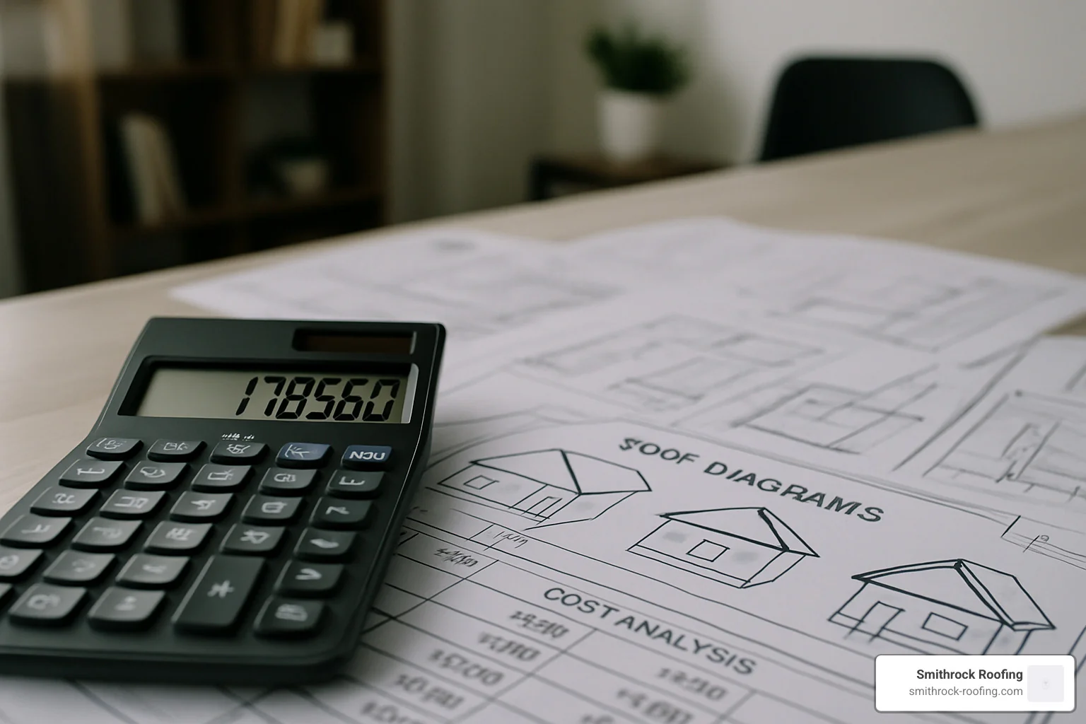 Calculator and construction blueprints showing roof inspection cost analysis - roof inspection selling house