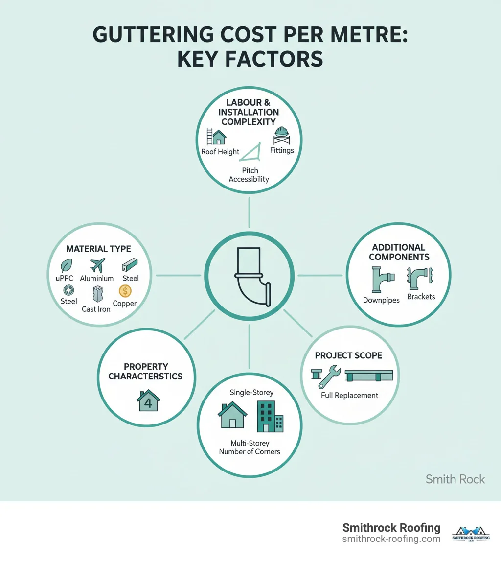 infographic showing the main factors affecting guttering cost per metre including material type (uPVC, aluminium, steel, cast iron, copper), labour and installation complexity (roof height, pitch, accessibility), additional components (downpipes, fittings, brackets), project scope (full replacement vs partial repair), and property characteristics (single vs multi-storey, number of corners) - price of guttering per metre infographic Infographic showing key factors affecting guttering cost per metre: material type, labour, components, project scope, and pro