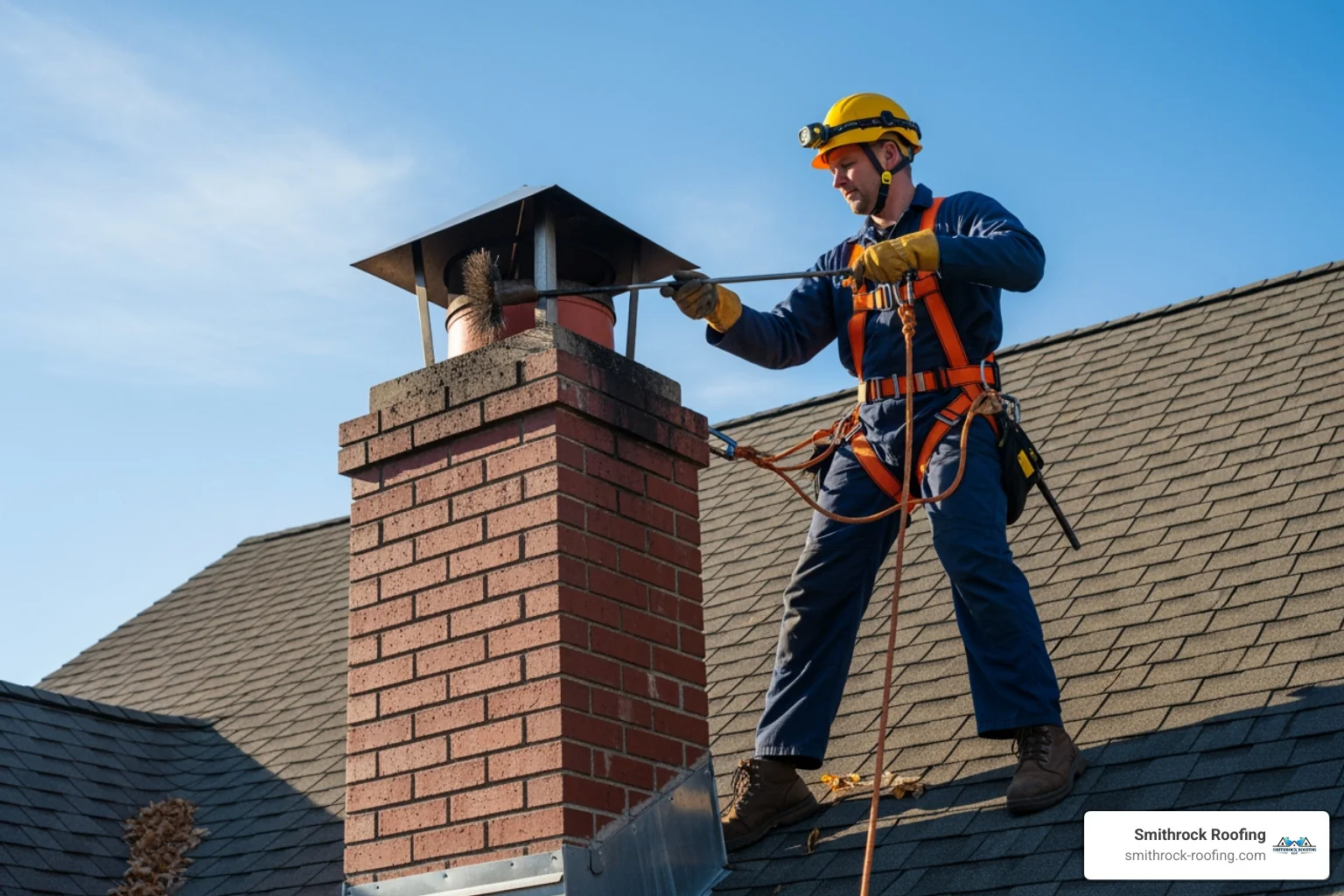a professional chimney technician using safety harnesses on a steep roof - chimney cap repair Winston-Salem a professional chimney technician using safety harnesses on a steep roof - chimney cap repair Winston-Salem