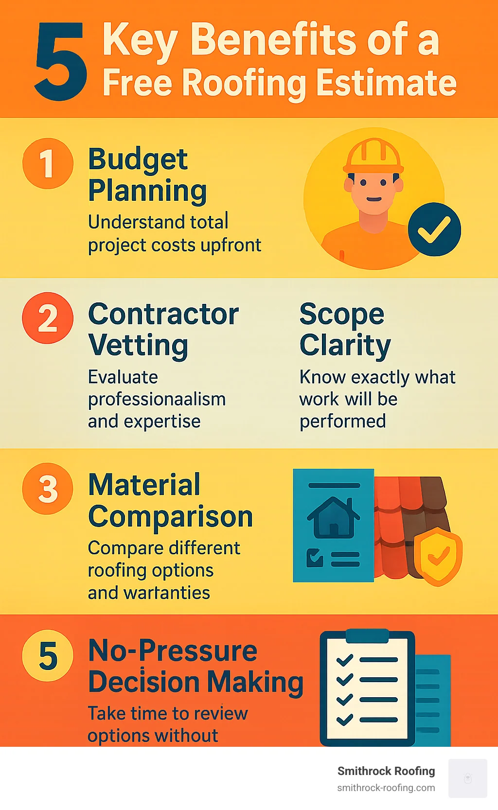 Infographic showing the 5 key benefits of getting a free roofing estimate: 1. Budget Planning - understand total project costs upfront, 2. Contractor Vetting - evaluate professionalism and expertise, 3. Scope Clarity - know exactly what work will be performed, 4. Material Comparison - compare different roofing options and warranties, 5. No-Pressure Decision Making - take time to review options without commitment - roofers with free estimates infographic Infographic outlining 5 key benefits of free roofing estimates, from budget planning to no-pressure decision making.