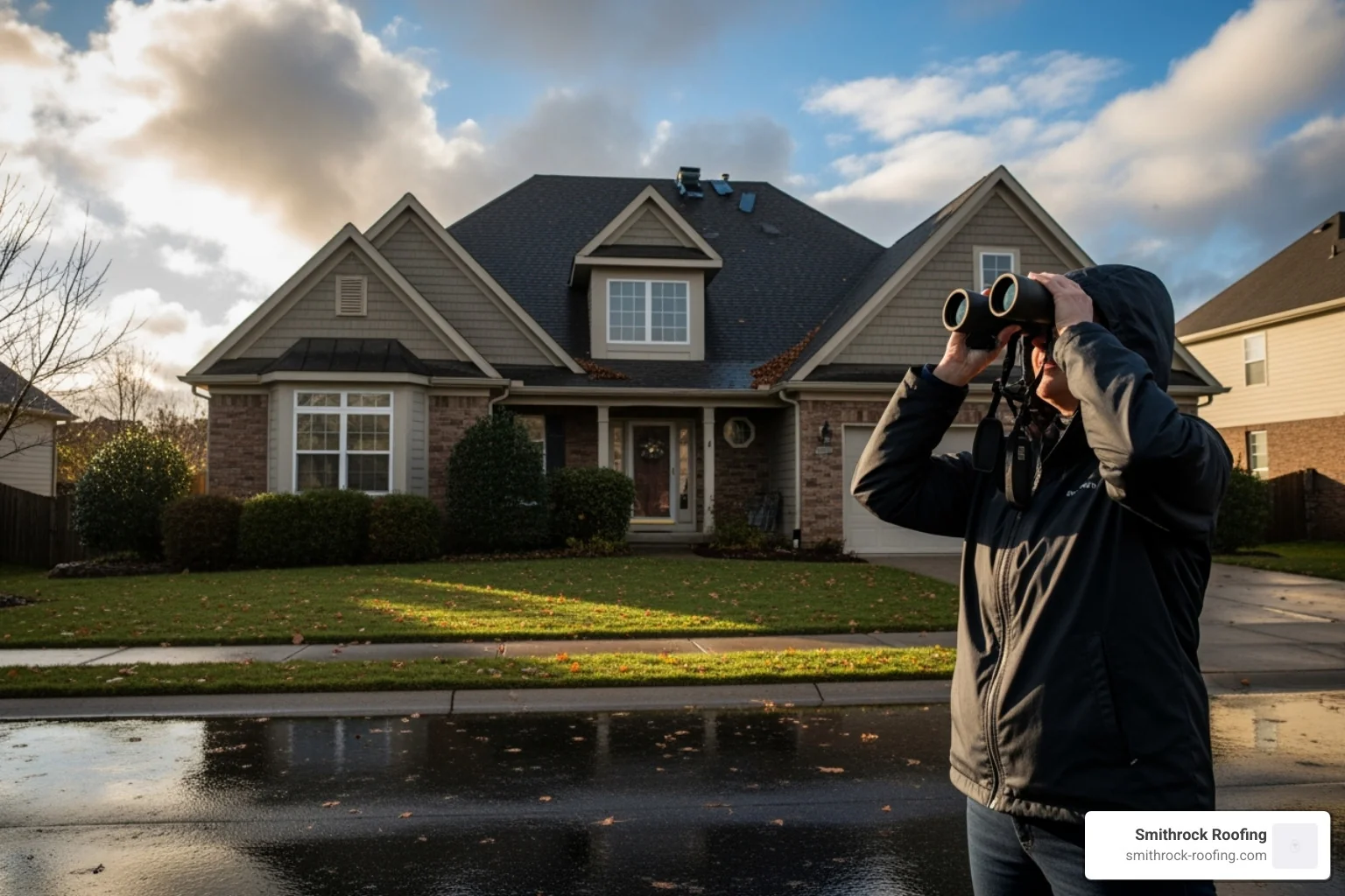 Person safely inspecting their roof from the ground with binoculars after a storm - wind damage repair Person safely inspecting their roof from the ground with binoculars after a storm - wind damage repair