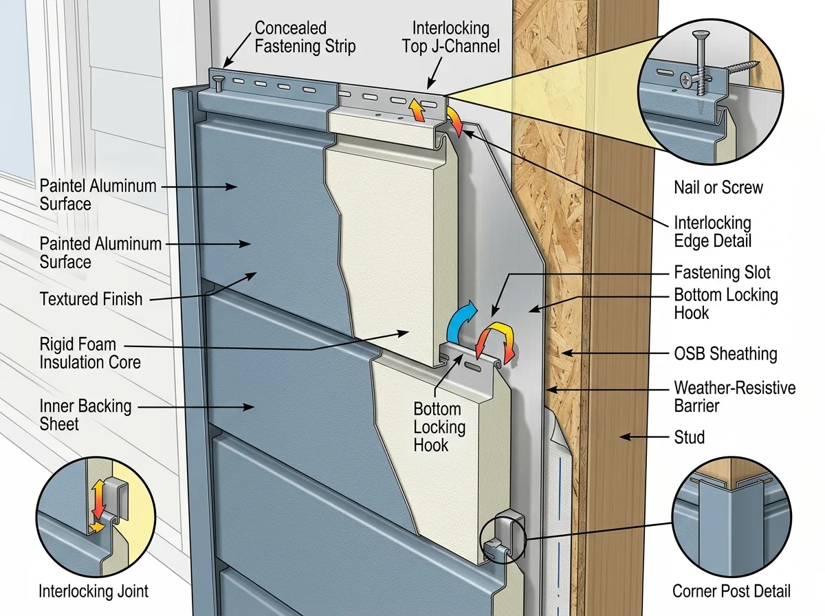 Cross-section of insulated aluminum siding panels showing the foam core and interlocking edges - aluminum siding company Cross-section of insulated aluminum siding panels showing the foam core and interlocking edges - aluminum siding company