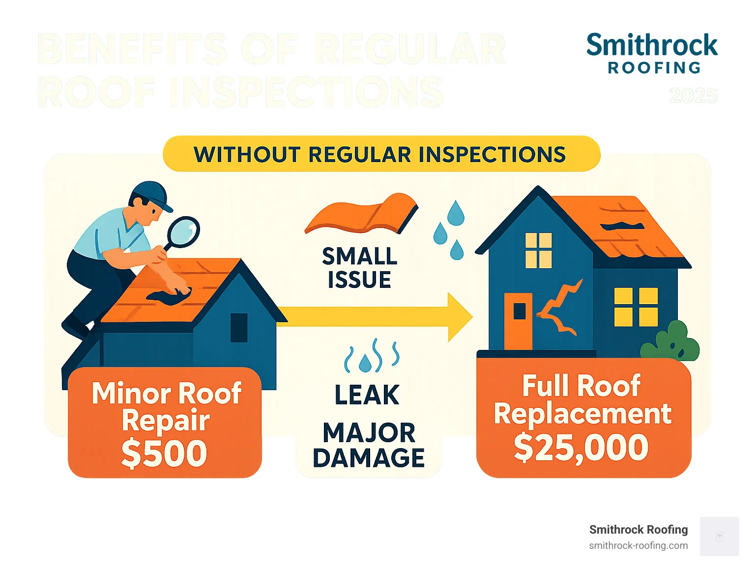 Infographic comparing $500 minor roof repair vs $25,000 full replacement, showing how skipping regular roof inspections escal