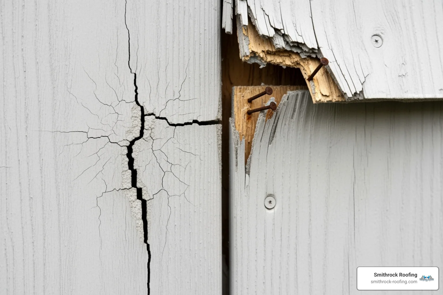 Cracked and loose fiber cement siding boards showing visible damage needing professional repair