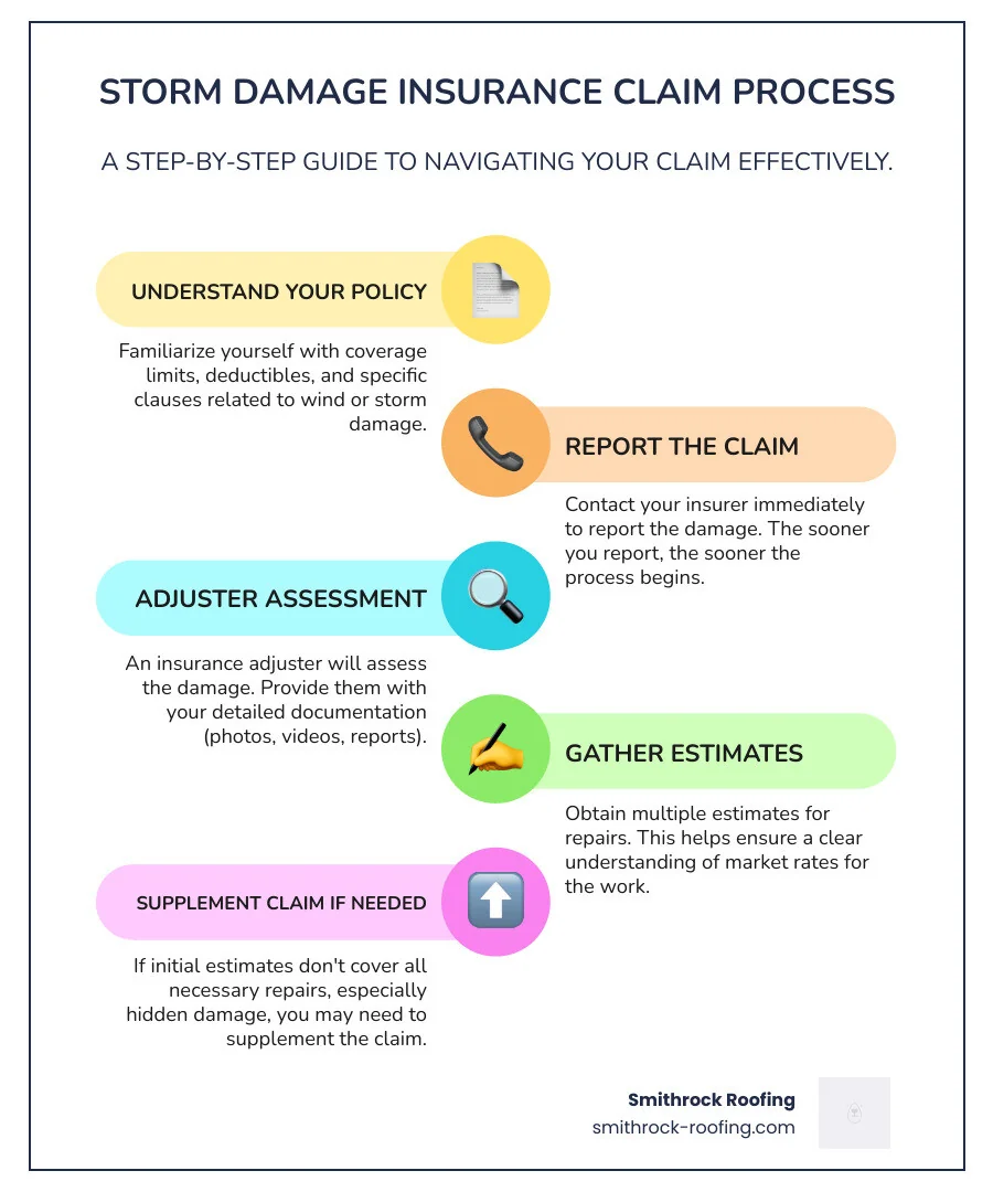 Infographic illustrating the step-by-step insurance claim process for storm damage, from initial report to final payout - wind damage repair near me infographic infographic-line-5-steps-colors 5-step infographic showing the insurance claim process for wind damage repair, from initial report to final payout.
