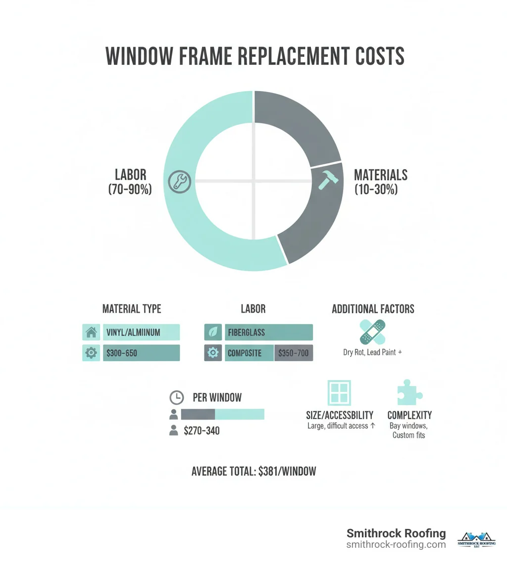 Infographic breaking down window frame replacement costs by material, labor, size, accessibility, and repairs like dry rot re