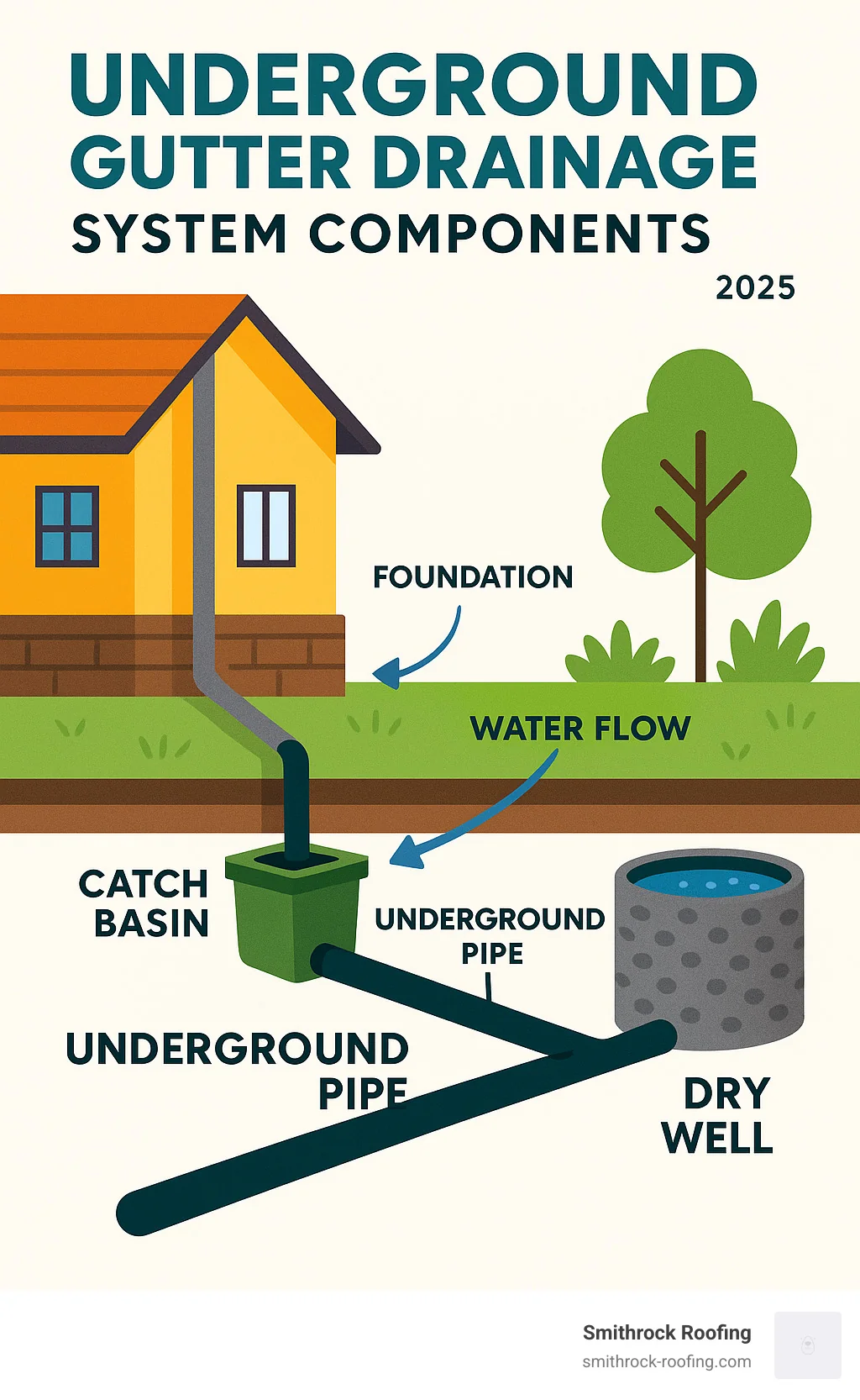 Detailed breakdown of underground gutter drainage system components including catch basins, underground pipes, dry wells, and proper water flow direction away from foundation - cost to install gutter drainage infographic Infographic showing gutter drainage system components—catch basins, pipes, dry wells—with water flow direction and installati