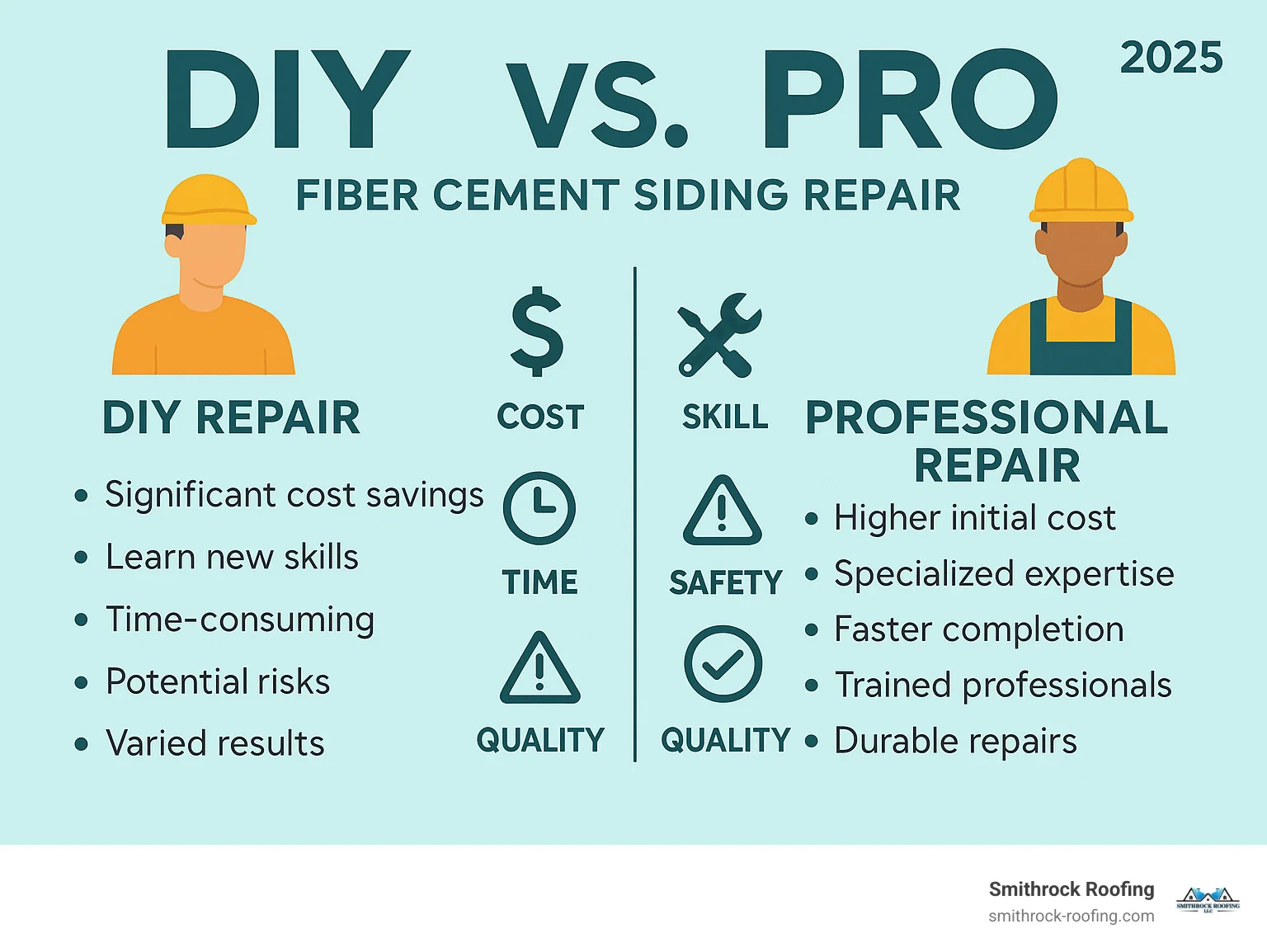 Infographic comparing DIY vs. professional fiber cement siding repair across cost, skill, time, safety, and quality factors.