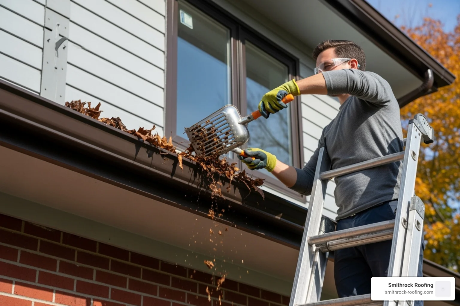 homeowner safely cleaning leaves from a seamless gutter with a scoop - seamless gutter installation homeowner safely cleaning leaves from a seamless gutter with a scoop - seamless gutter installation