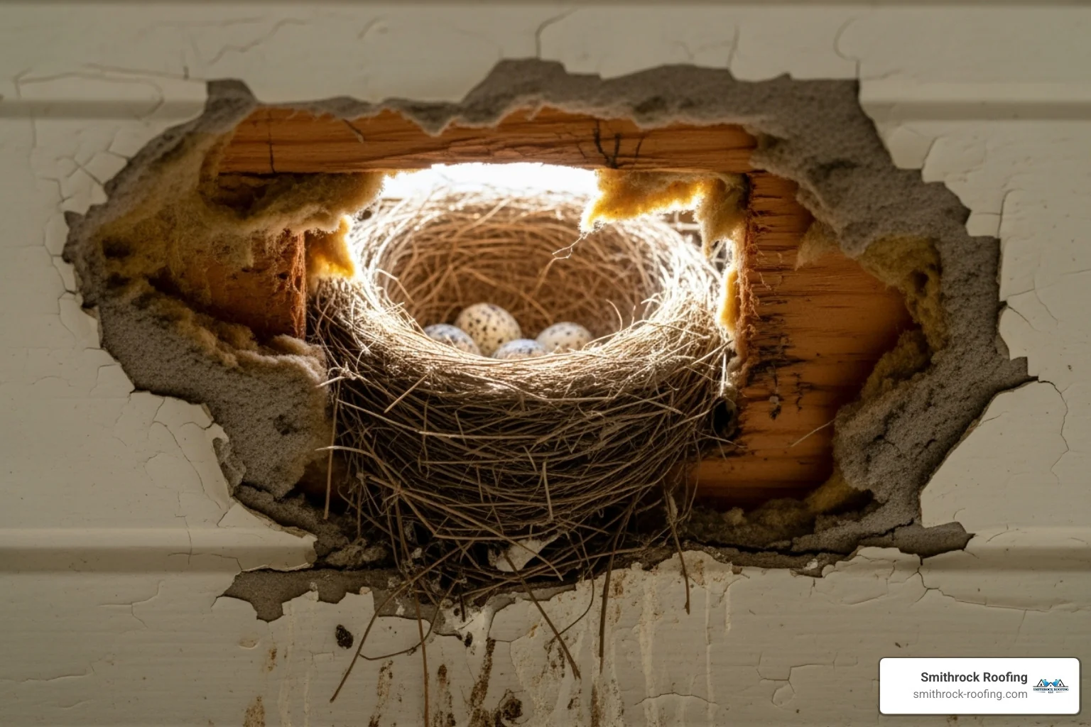 Bird's nest inside damaged soffit showing pest entry point, illustrating hidden costs of neglecting fascia, soffit and gutter