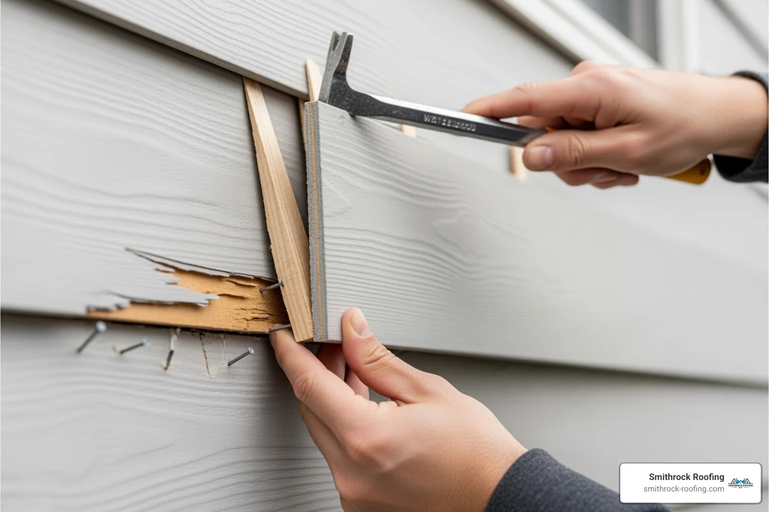 Worker using pry bar and shims to carefully remove damaged fiber cement siding plank without harming adjacent boards.