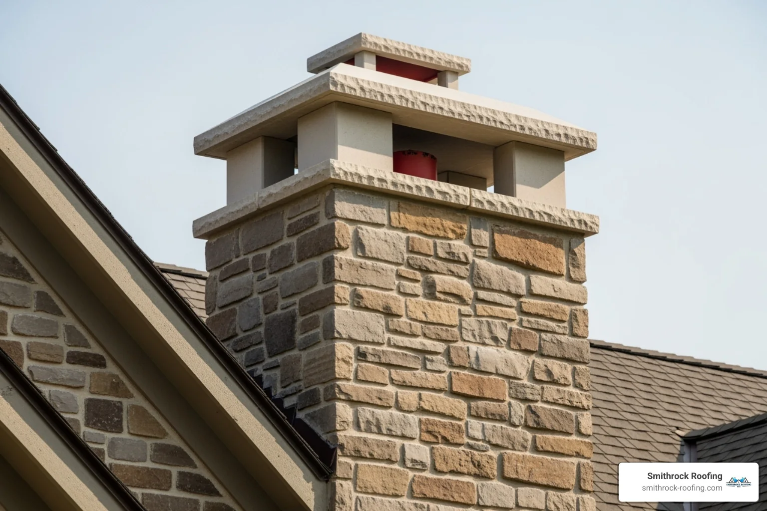 Limestone chimney cap on a rustic, stone-faced home, blending seamlessly with the natural textures and colors of the exterior - limestone chimney cap Limestone chimney cap blending seamlessly with a rustic stone-faced home's natural textures and earthy tones.