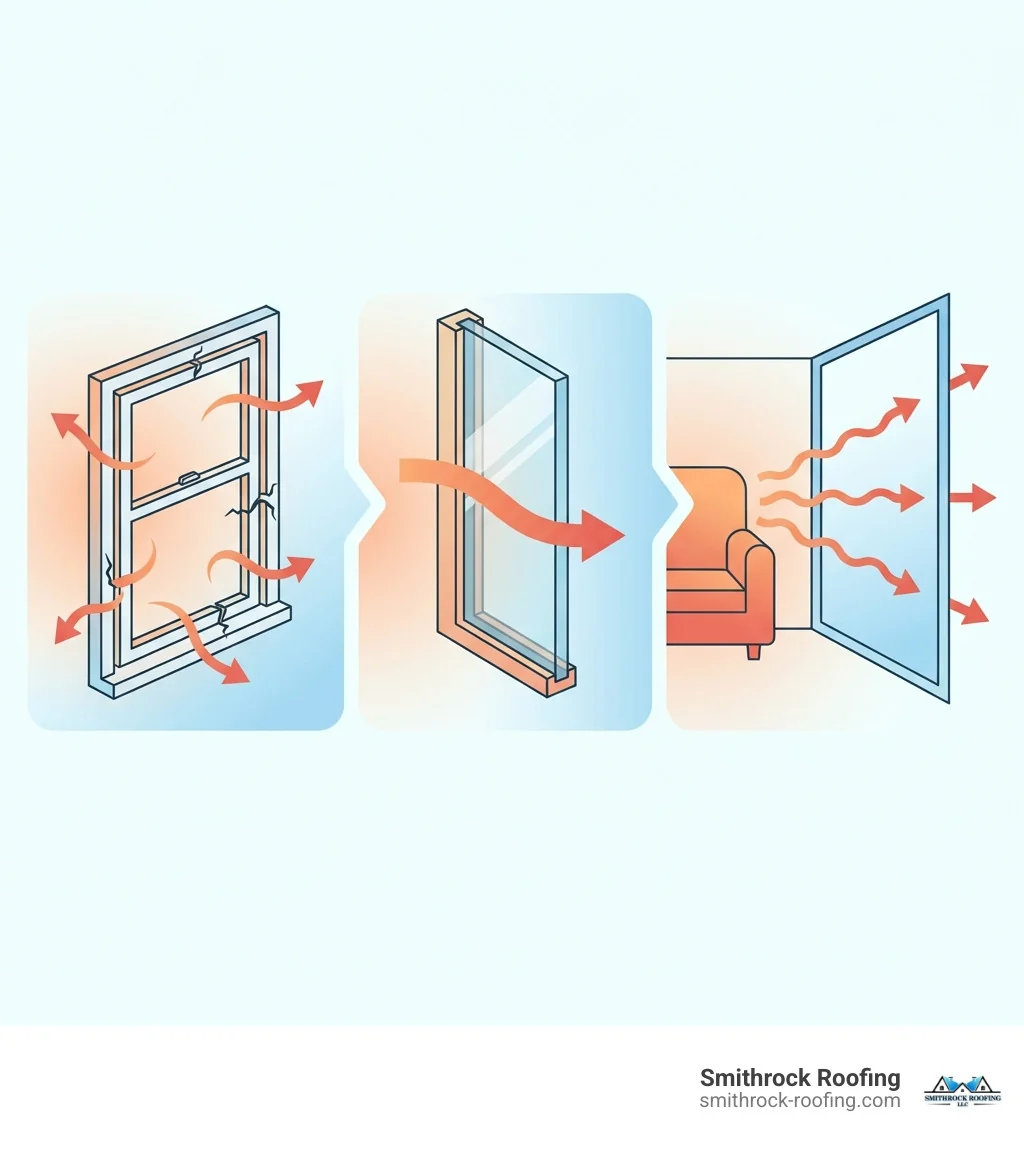 Infographic showing three main causes of window heat loss: air leakage through gaps and cracks around frames and sashes, conduction where heat transfers directly through single-pane glass and frames, and thermal radiation from warm indoor surfaces to cold window glass, with arrows indicating heat movement in each scenario - insulate drafty windows infographic Infographic illustrating three causes of window heat loss—air leakage, conduction, and thermal radiation—to help insulate dra