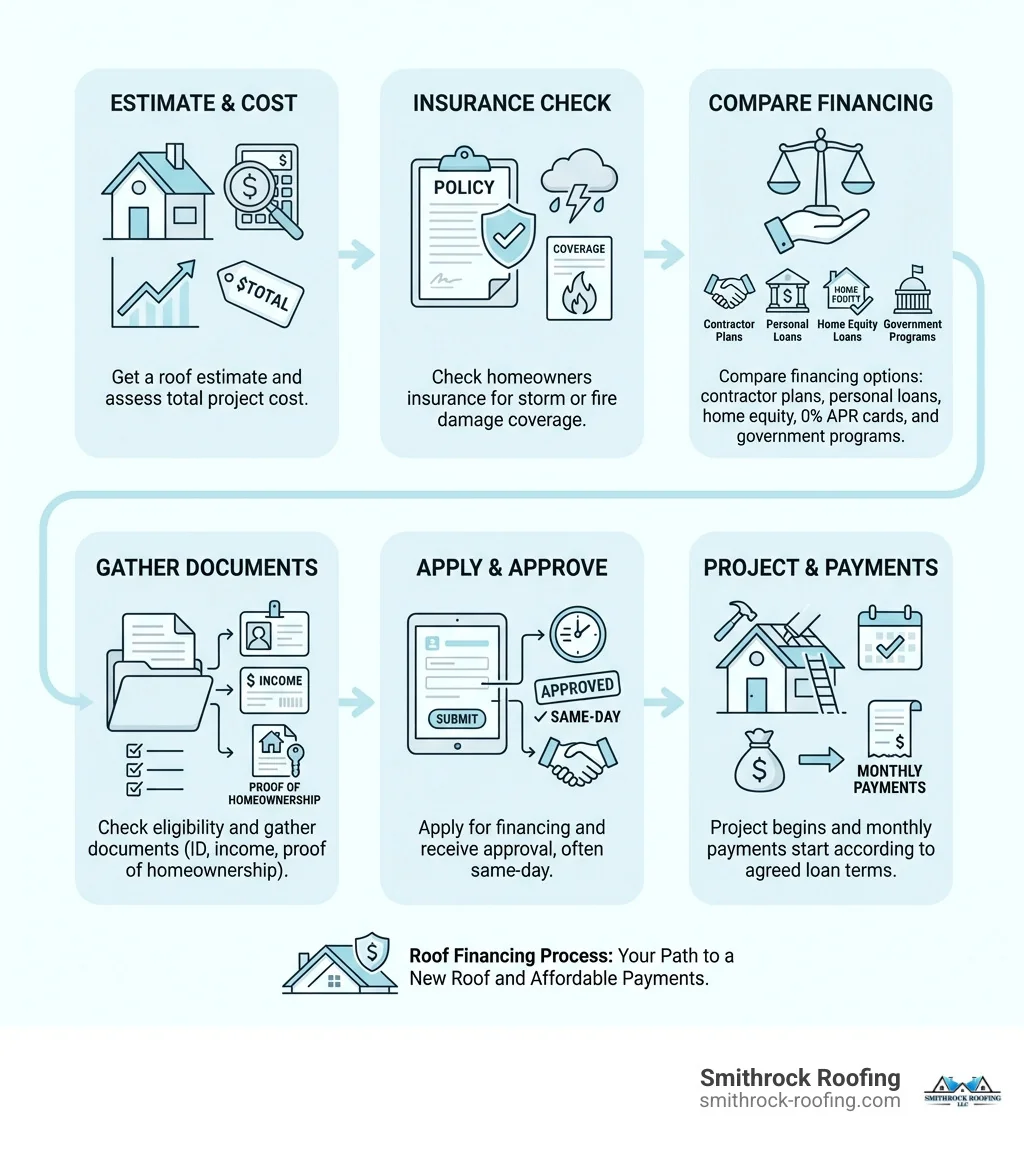 Step-by-step infographic showing the roof financing process: Step 1 - Get a roof estimate and assess total project cost; Step 2 - Check homeowners insurance for storm or fire damage coverage; Step 3 - Compare financing options including contractor plans, personal loans, home equity loans, 0% APR cards, and government programs; Step 4 - Check eligibility and gather documents such as ID, proof of income, and proof of homeownership; Step 5 - Apply for financing and receive approval, often same-day; Step 6 - Project begins and monthly payments start according to agreed loan terms - roof replacement payment plans infographic Step-by-step infographic outlining how people are paying for their roofs, from getting estimates to comparing financing optio