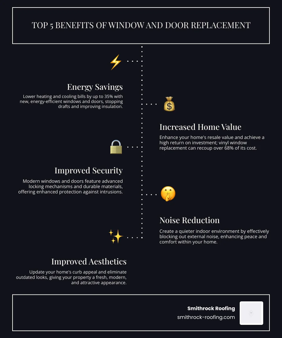 Infographic showing the top 5 benefits of window and door replacement: Energy Savings, Increased Home Value, Improved Security, Noise Reduction, and Improved Aesthetics - window and door replacement infographic infographic-line-5-steps-dark Infographic outlining 5 key benefits of window and door replacement: energy savings, home value, security, noise reduction, a
