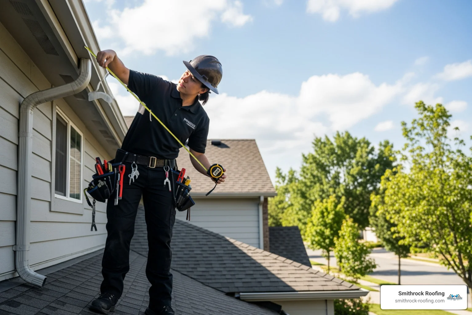 A gutter installation professional taking measurements on a house - Seamless gutter cost