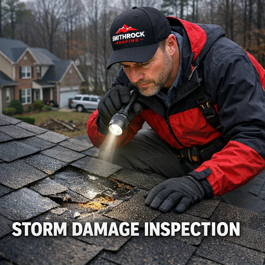 Roofing professional inspecting storm-damaged shingles during an emergency roof repair service in an NC Triad neighborhood.